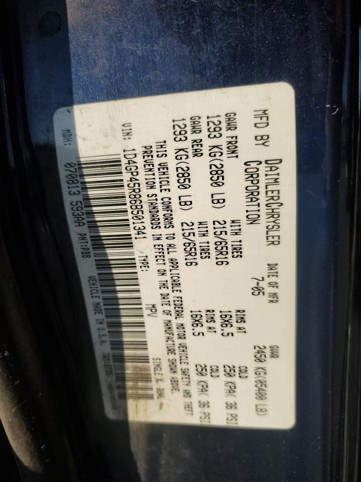 2006 Dodge Caravan Sxt VIN: 1D4GP45R86B501341 Lot: 91787665