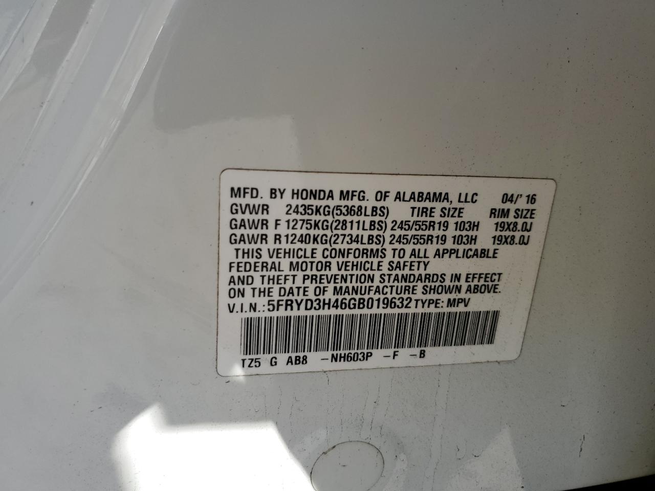 2016 Acura Mdx Technology VIN: 5FRYD3H46GB019632 Lot: 91140995