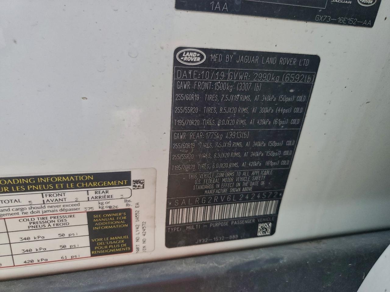 2020 Land Rover Discovery Se VIN: SALRG2RV6L2424572 Lot: 94218455