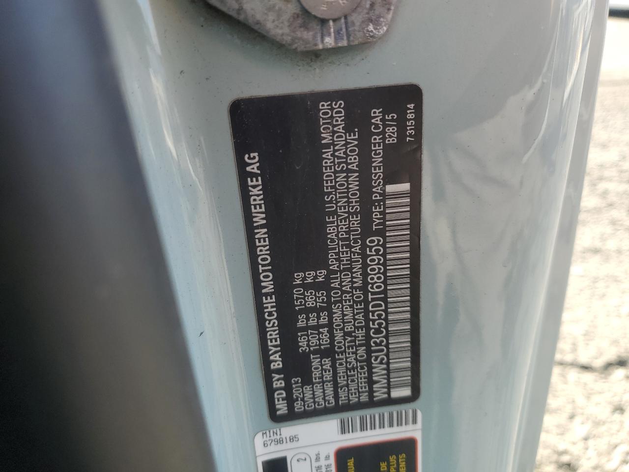 2013 Mini Cooper VIN: WMWSU3C55DT689959 Lot: 93443645