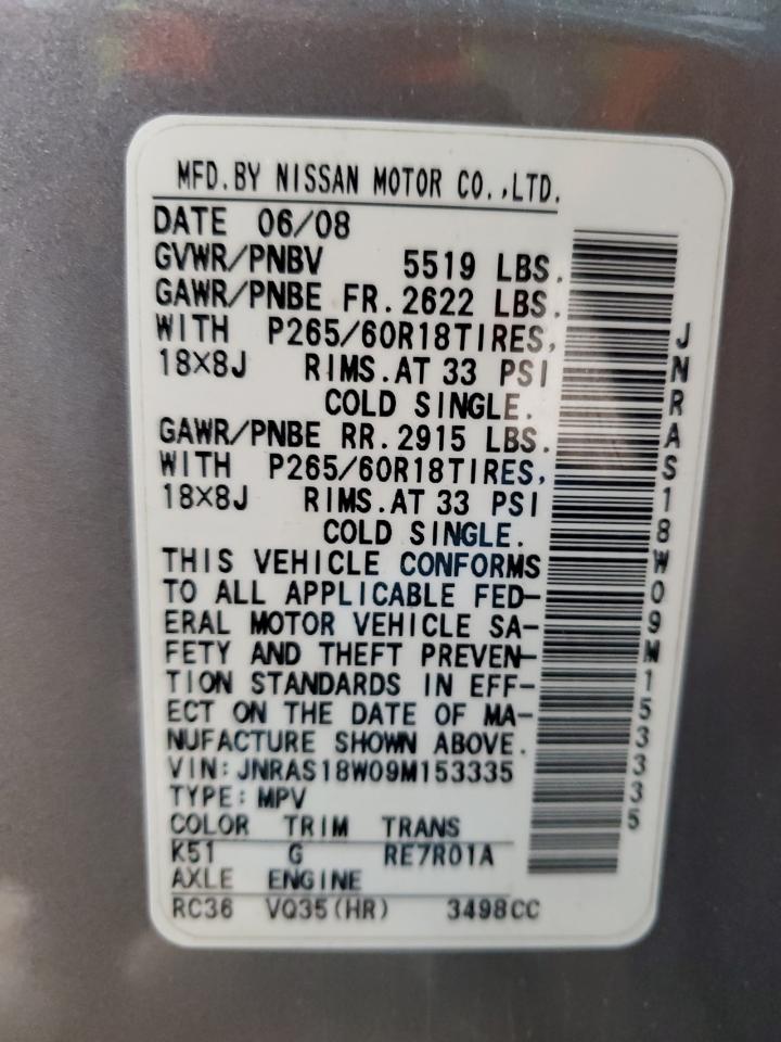 2009 Infiniti Fx35 VIN: JNRAS18W09M153335 Lot: 93028105