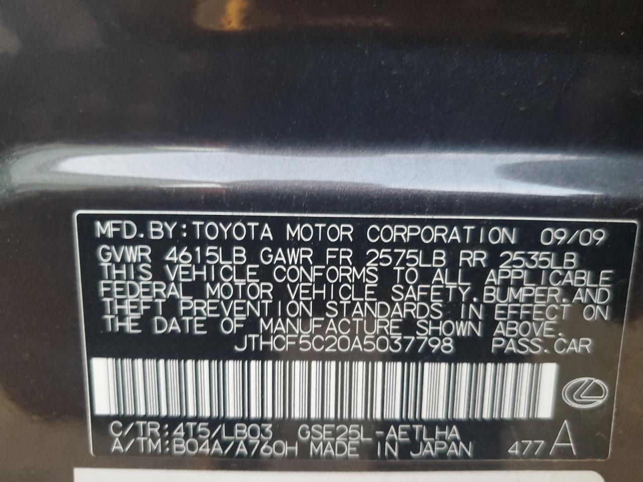 2010 Lexus Is 250 VIN: JTHCF5C20A5037798 Lot: 91304085