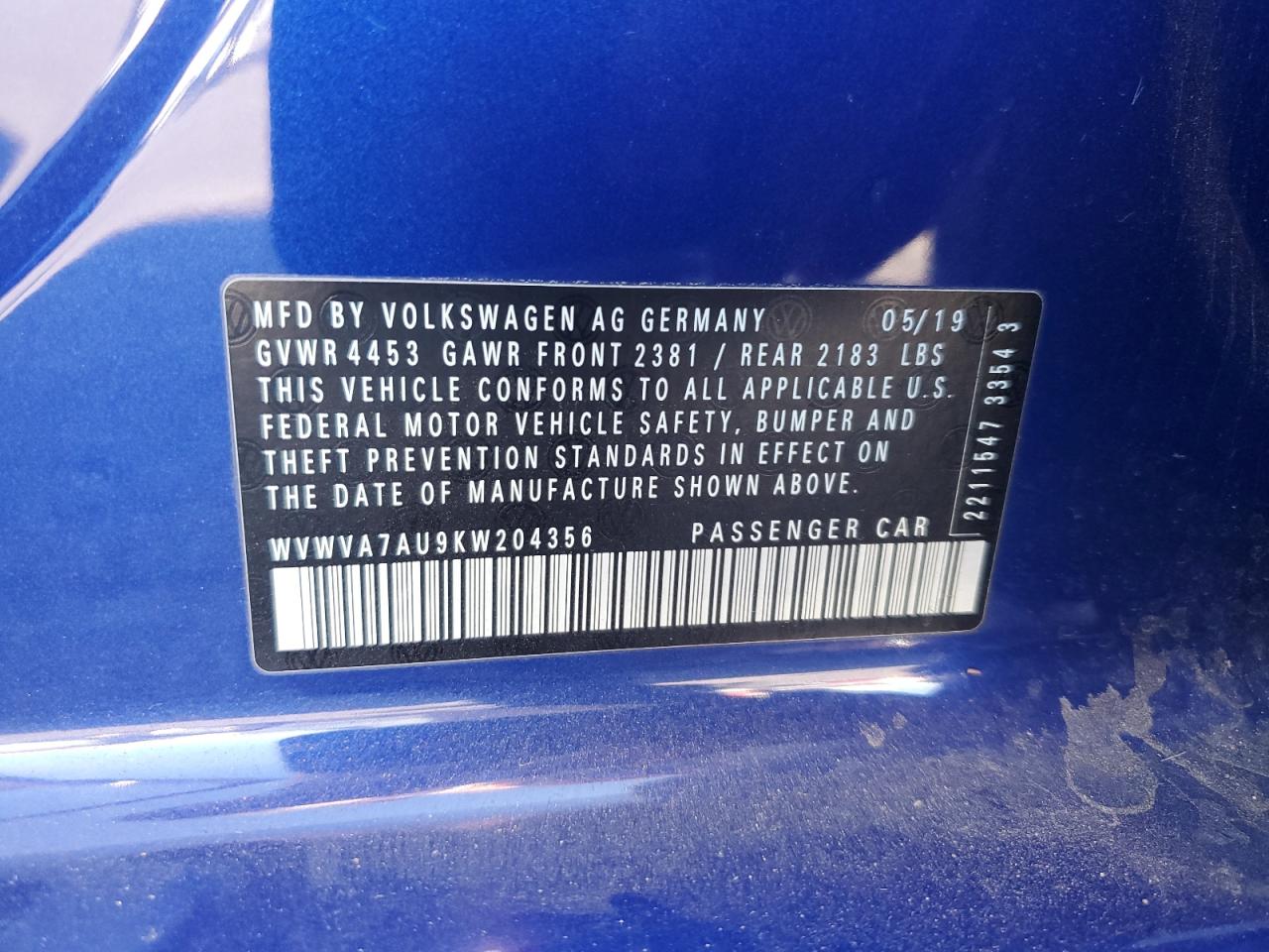 2019 Volkswagen Golf R VIN: WVWVA7AU9KW204356 Lot: 91312475