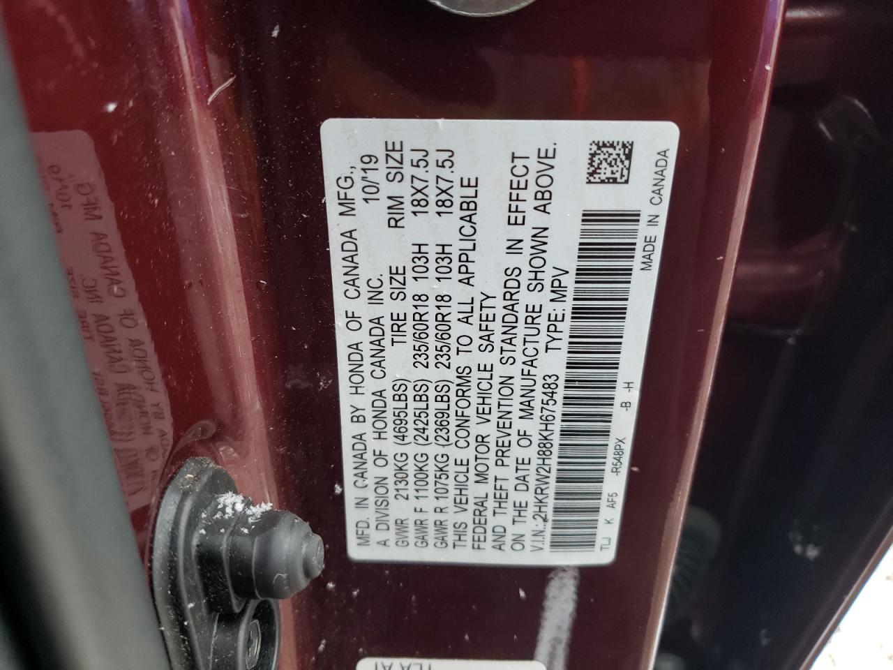 2019 Honda Cr-V Exl VIN: 2HKRW2H88KH675483 Lot: 92429655