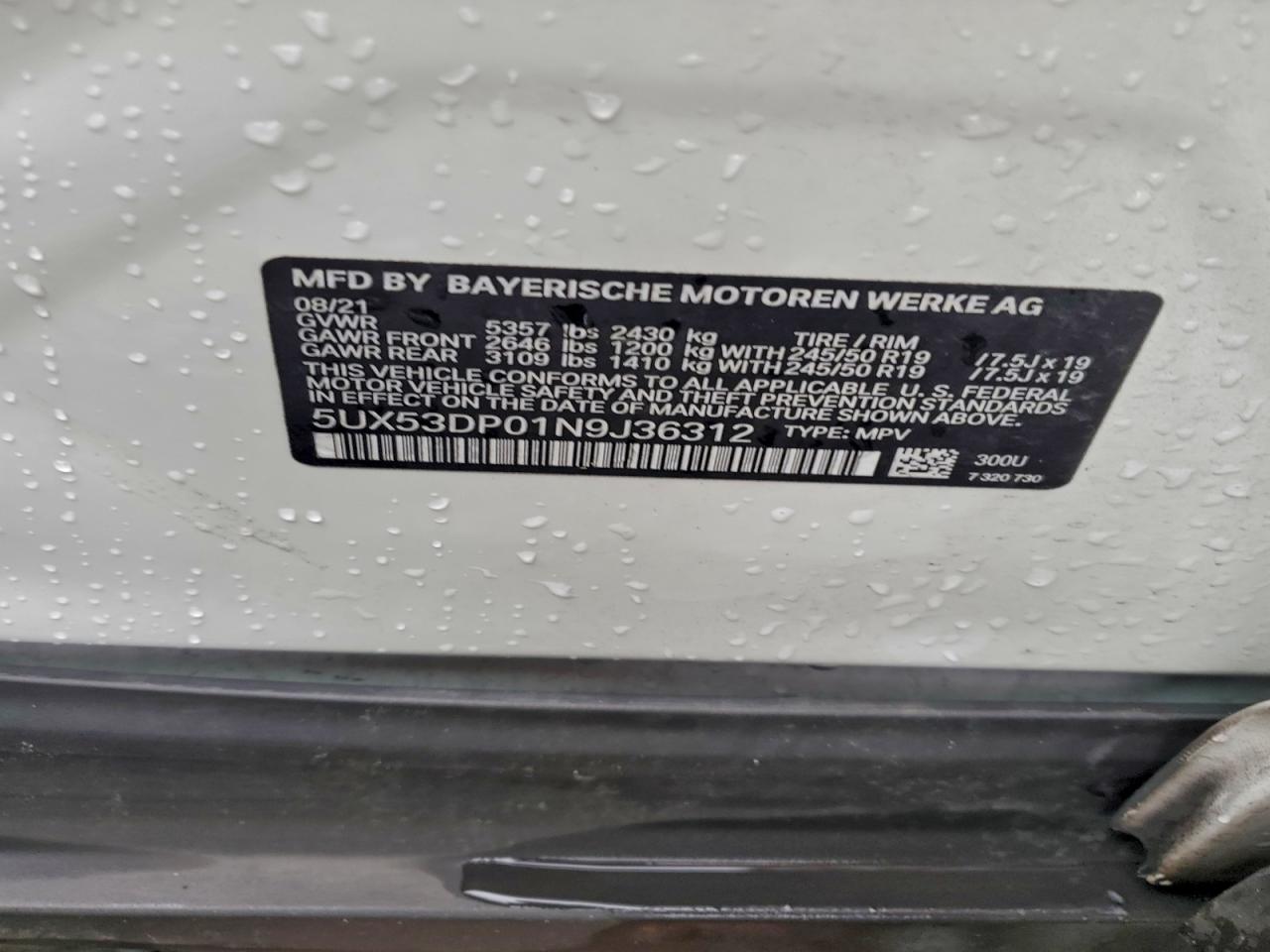 2022 BMW X3 xDrive30I VIN: 5UX53DP01N9J36312 Lot: 94433565