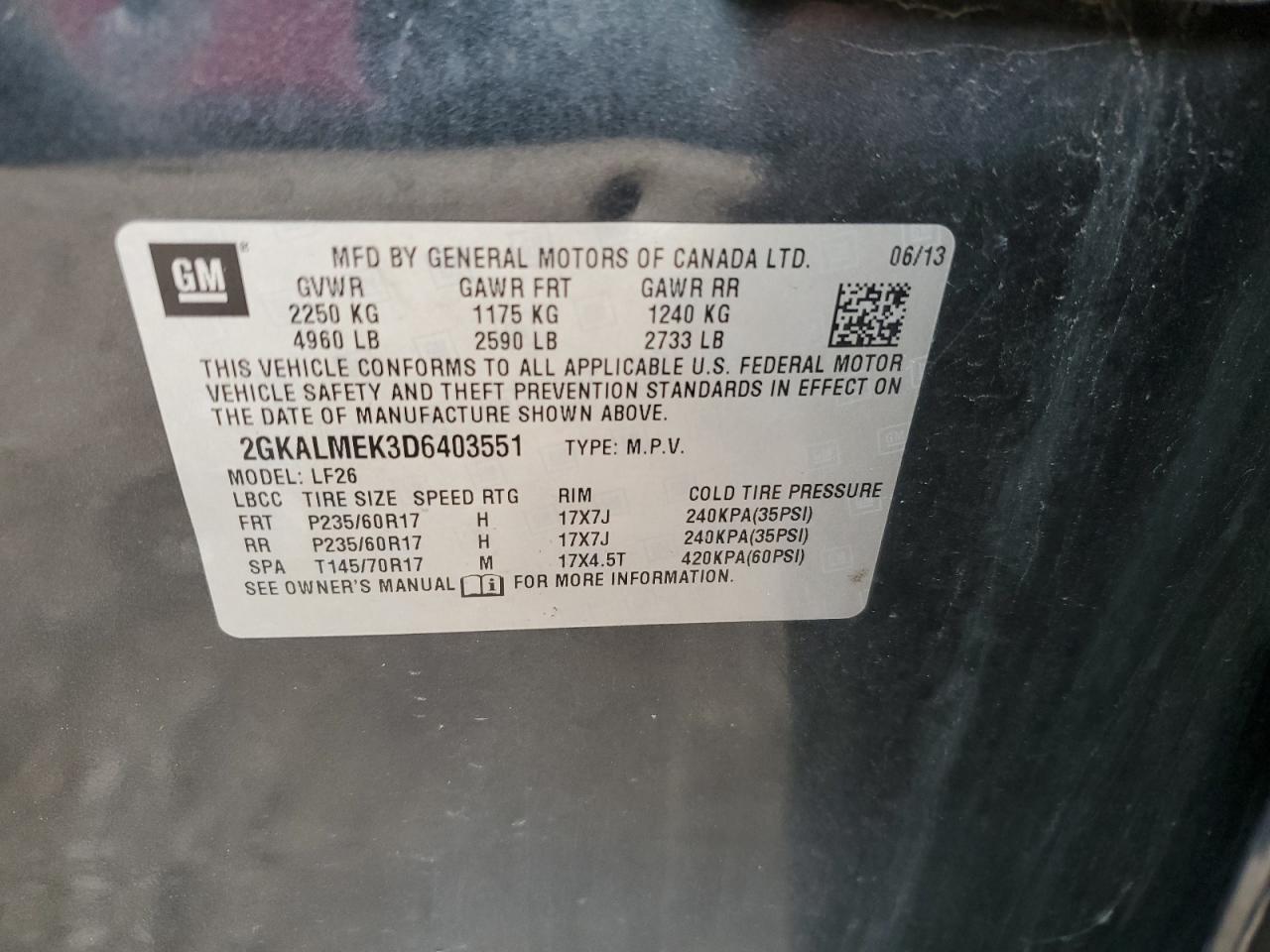 2013 GMC Terrain Sle VIN: 2GKALMEK3D6403551 Lot: 91939735