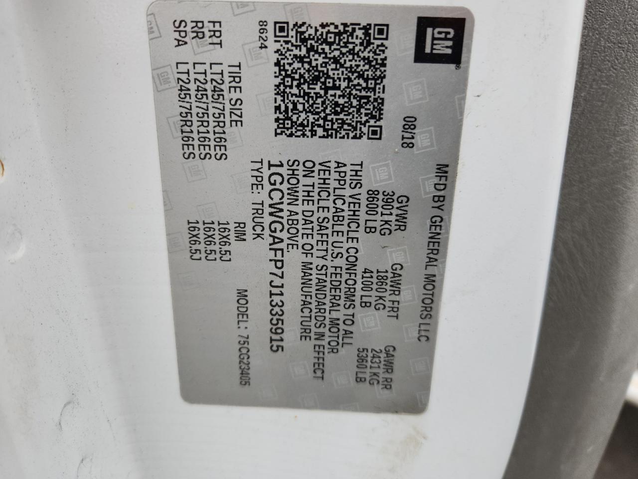 2018 Chevrolet Express G2500 VIN: 1GCWGAFP7J1335915 Lot: 91799645