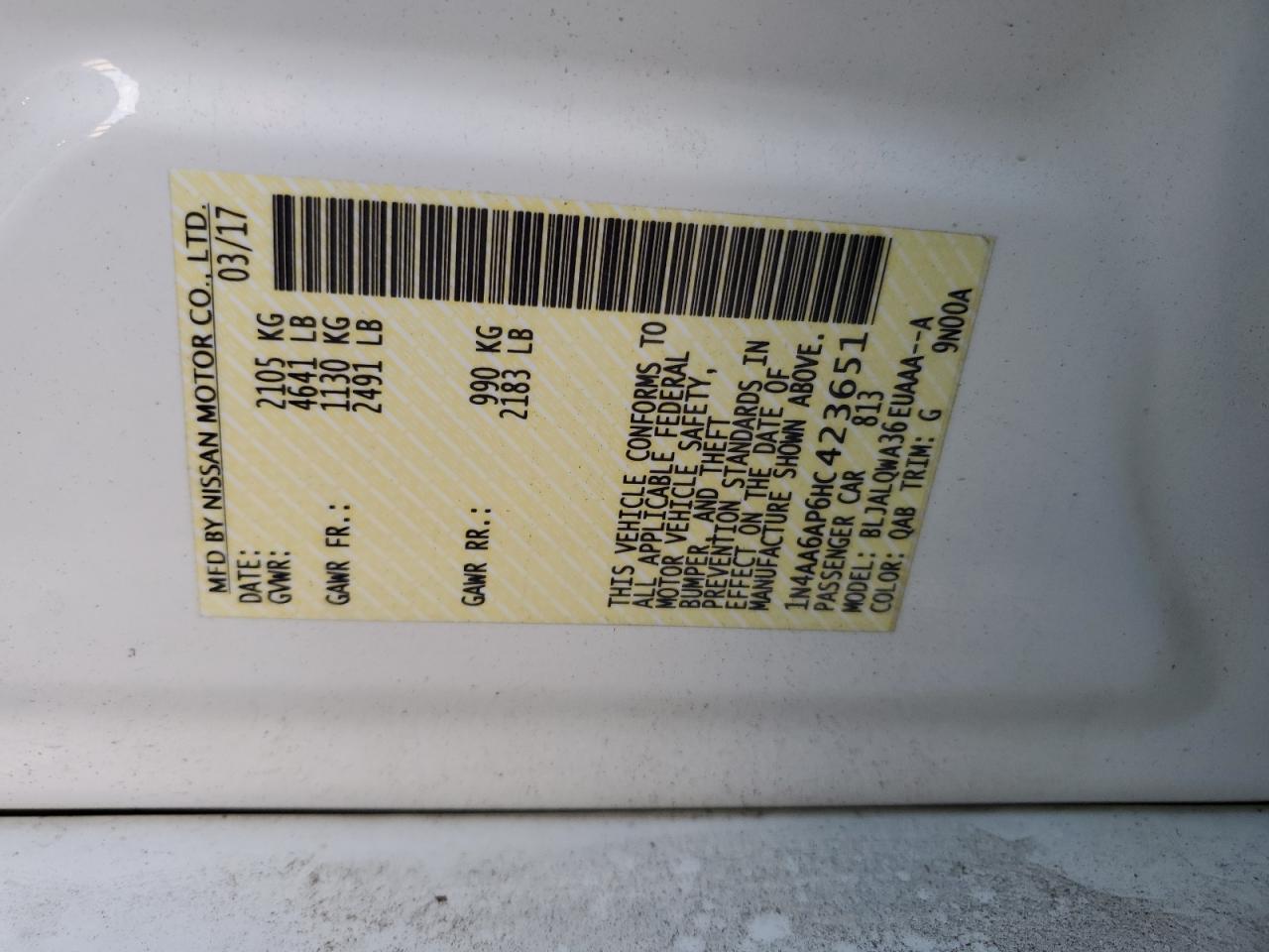 2017 Nissan Maxima 3.5S VIN: 1N4AA6AP6HC423651 Lot: 90659105