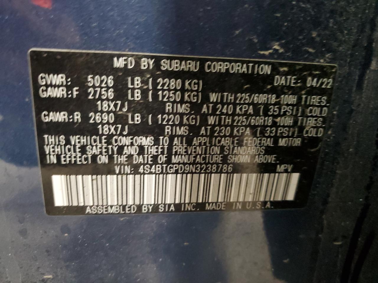 2022 Subaru Outback Touring VIN: 4S4BTGPD9N3238786 Lot: 91636355