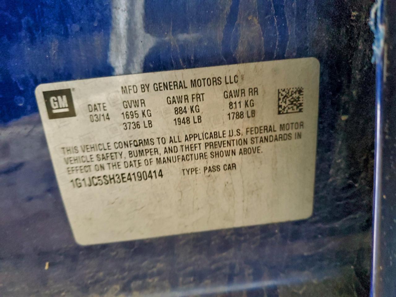 2014 Chevrolet Sonic Lt VIN: 1G1JC5SH3E4190414 Lot: 94412275