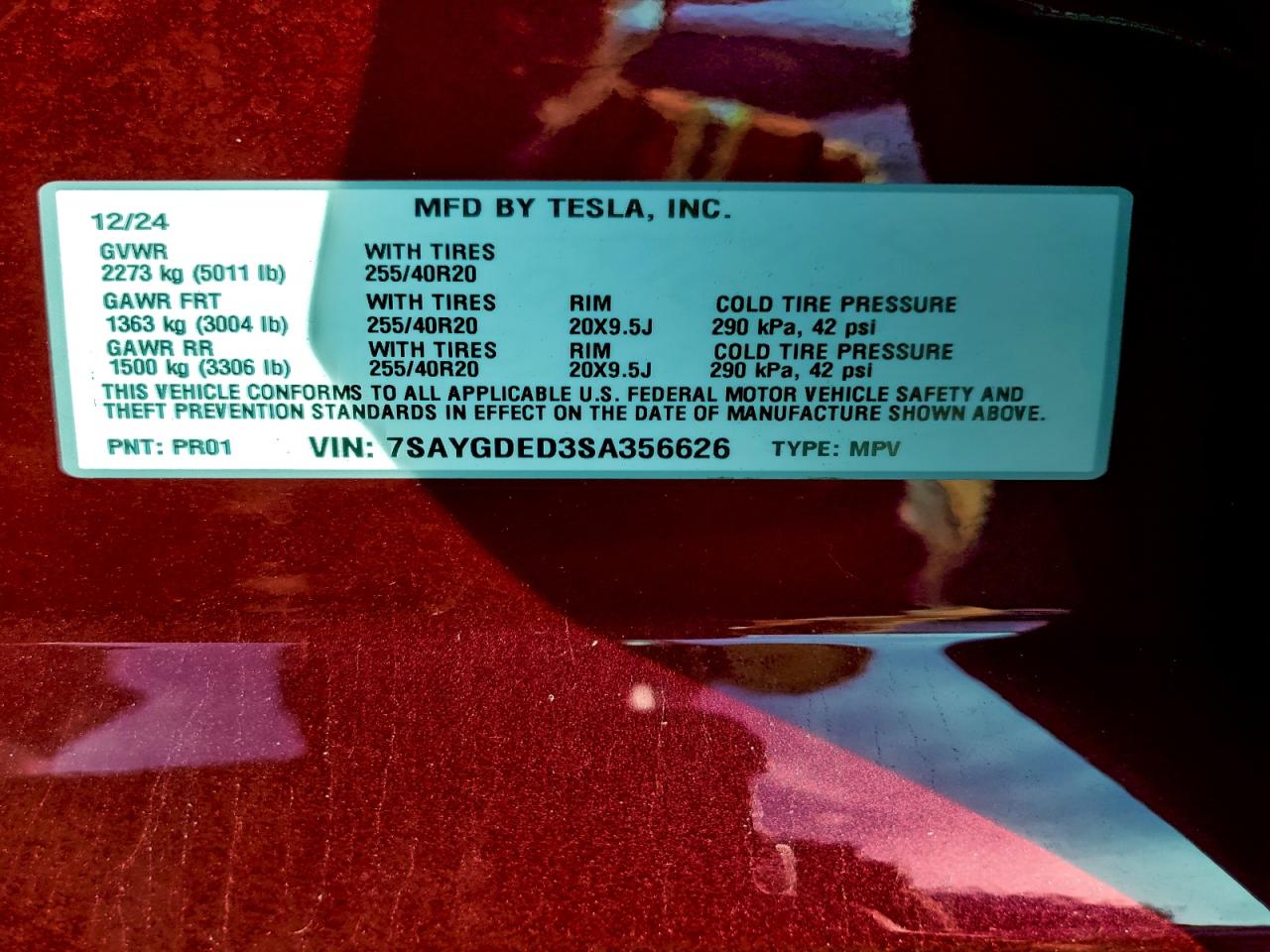 2025 Tesla Model Y VIN: 7SAYGDED3SA356626 Lot: 94125025