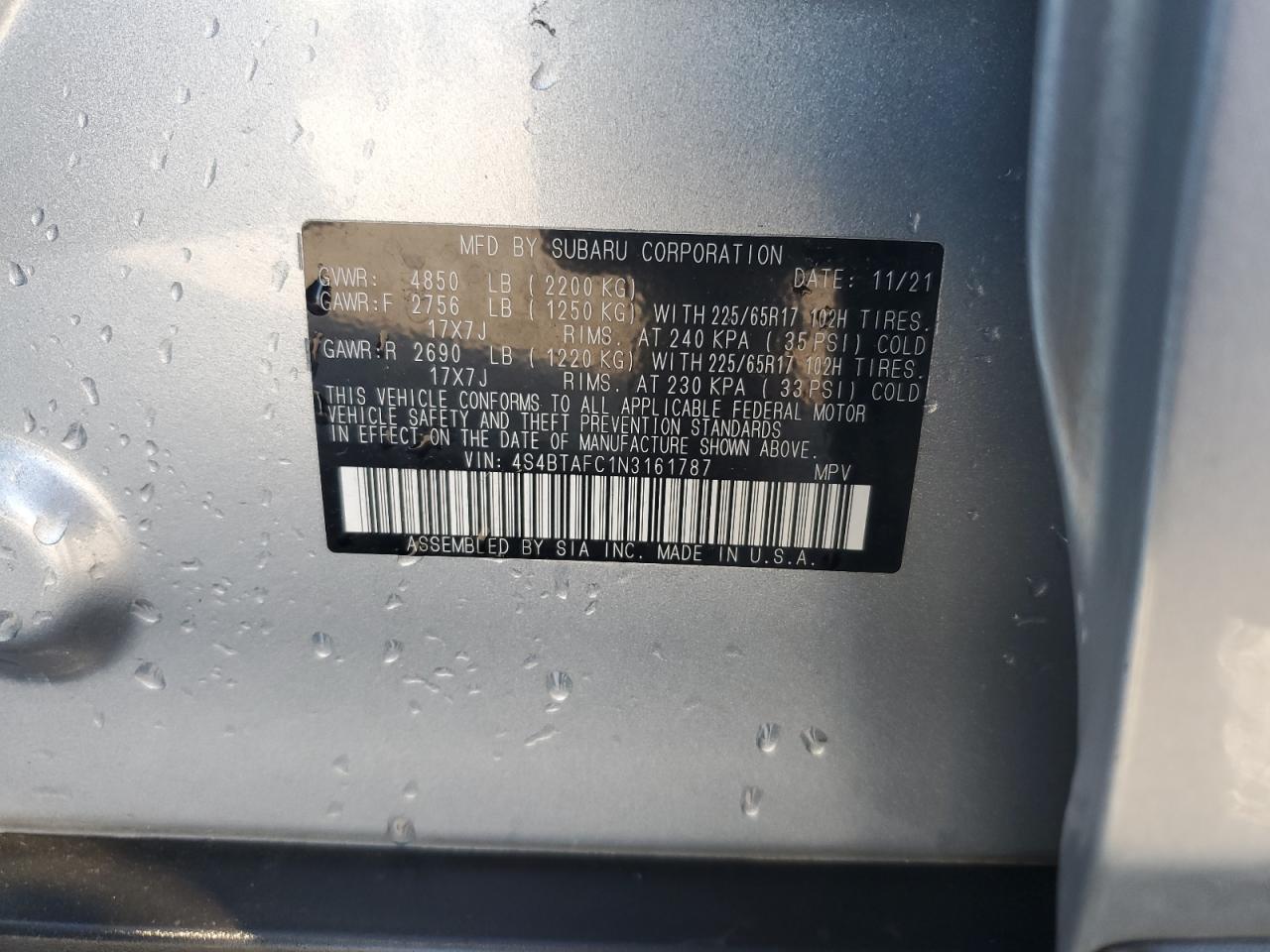 2022 Subaru Outback Premium VIN: 4S4BTAFC1N3161787 Lot: 93715765