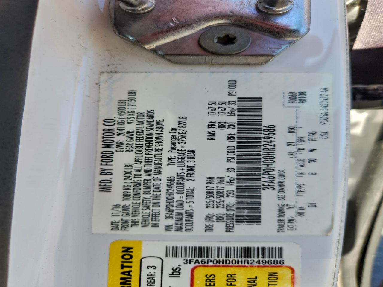 2017 Ford Fusion Se VIN: 3FA6P0HD0HR249686 Lot: 94224995