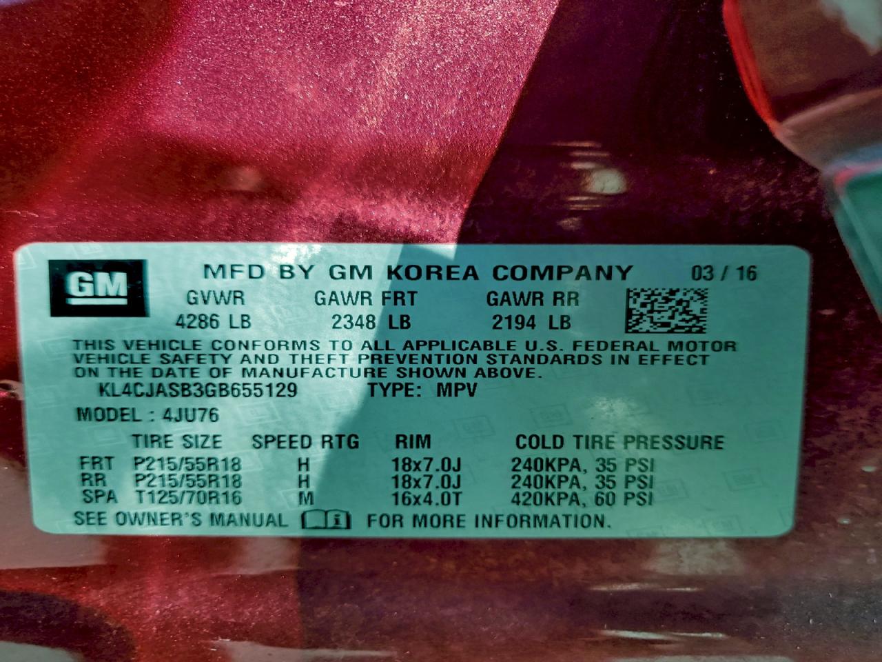 2016 Buick Encore VIN: KL4CJASB3GB655129 Lot: 91795235