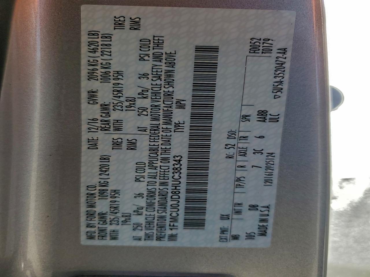 2017 Ford Escape Titanium VIN: 1FMCU0JD8HUC38343 Lot: 94287345