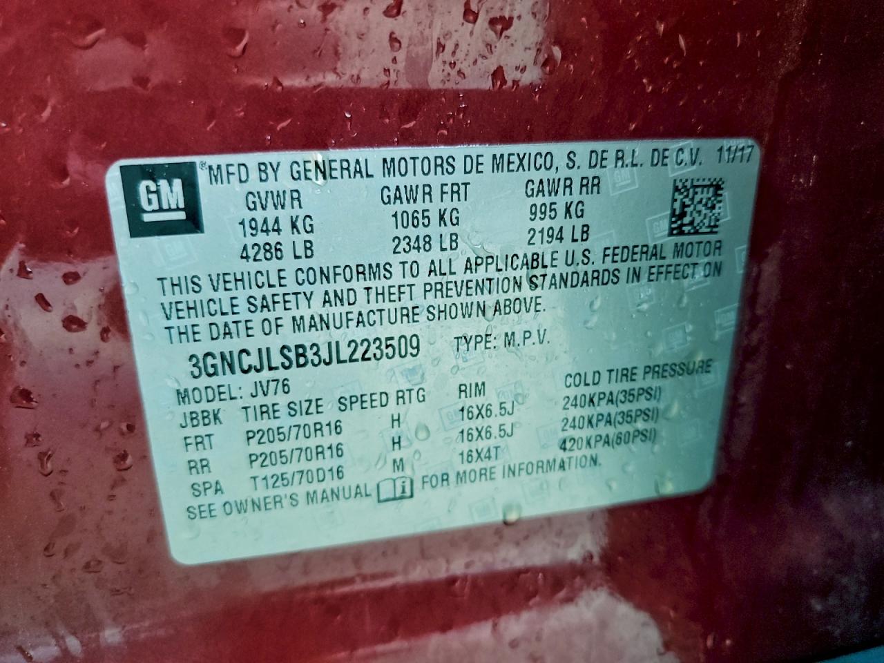 2018 Chevrolet Trax 1Lt VIN: 3GNCJLSB3JL223509 Lot: 93890075