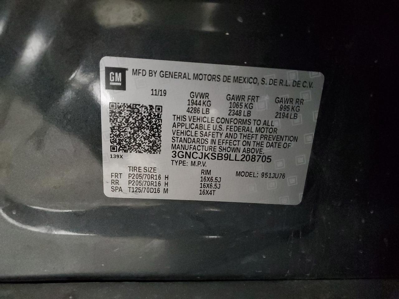 2020 Chevrolet Trax Ls VIN: 3GNCJKSB9LL208705 Lot: 93475765