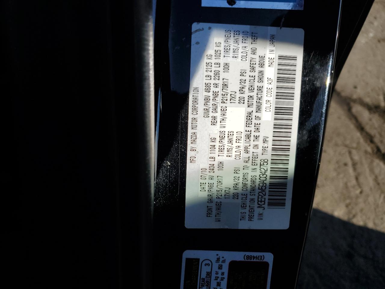 2010 Mazda Cx-7 VIN: JM3ER2W59A0342758 Lot: 93527405