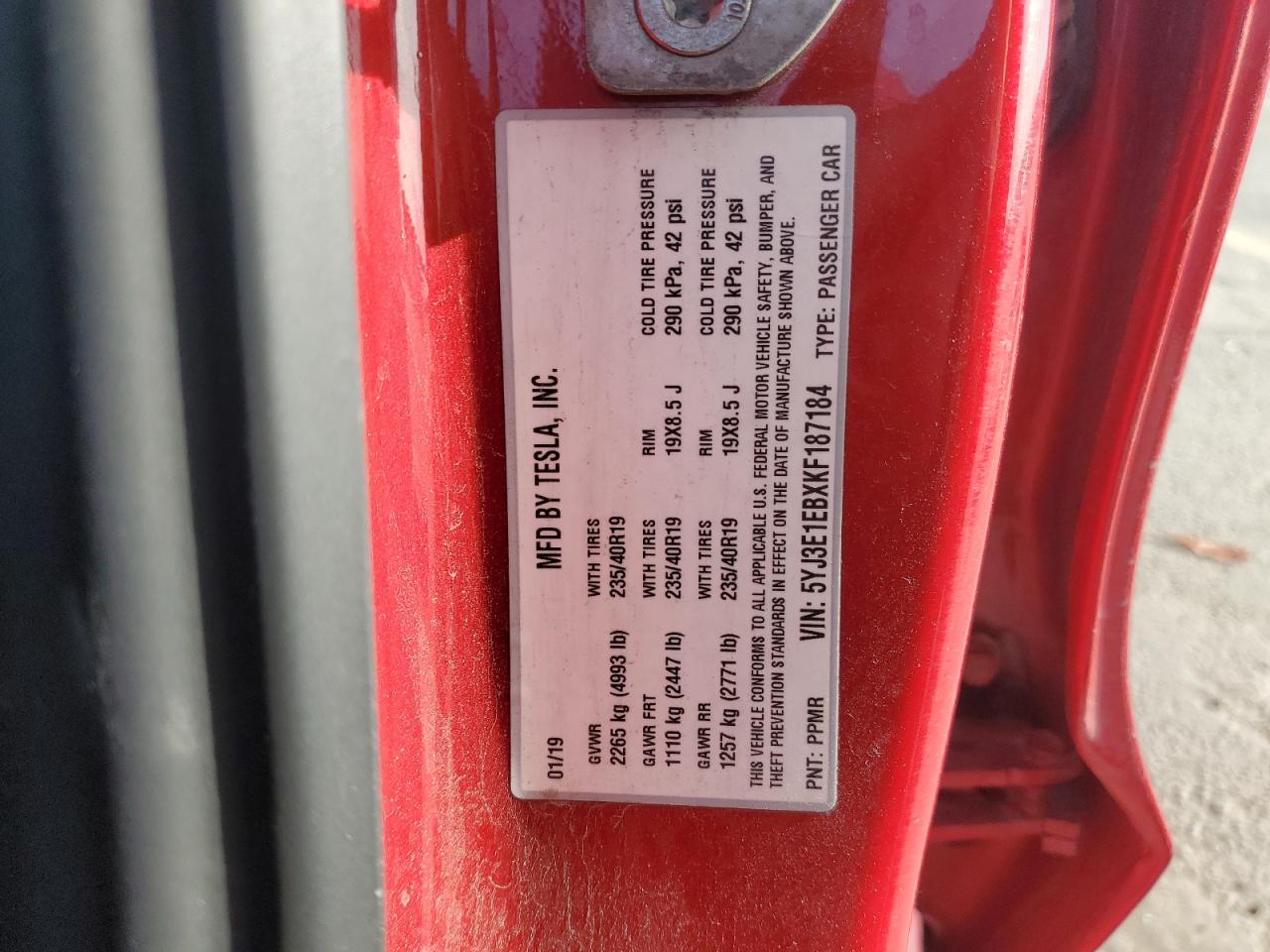 2019 Tesla Model 3 VIN: 5YJ3E1EBXKF187184 Lot: 93412465