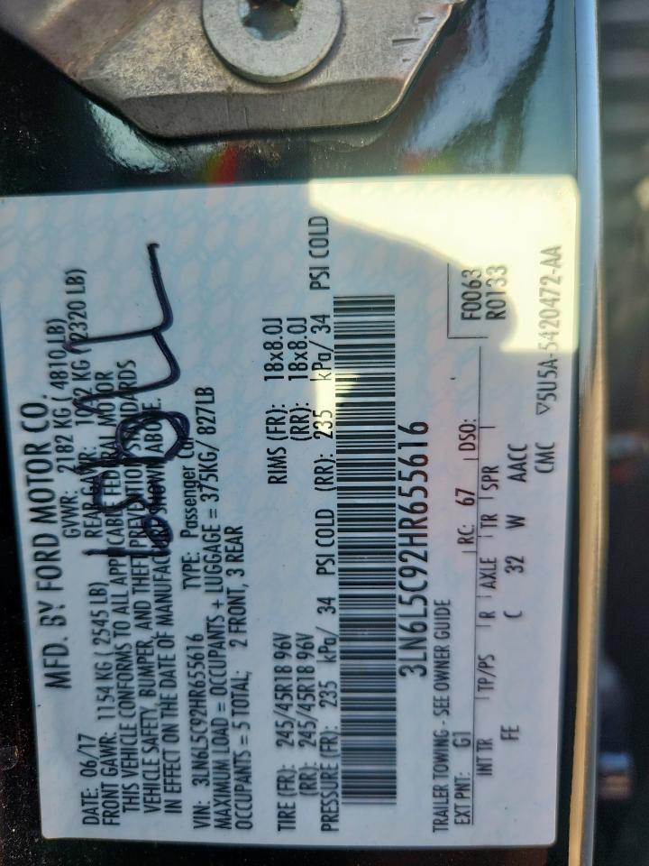 2017 Lincoln Mkz Select VIN: 3LN6L5C92HR655616 Lot: 92936685