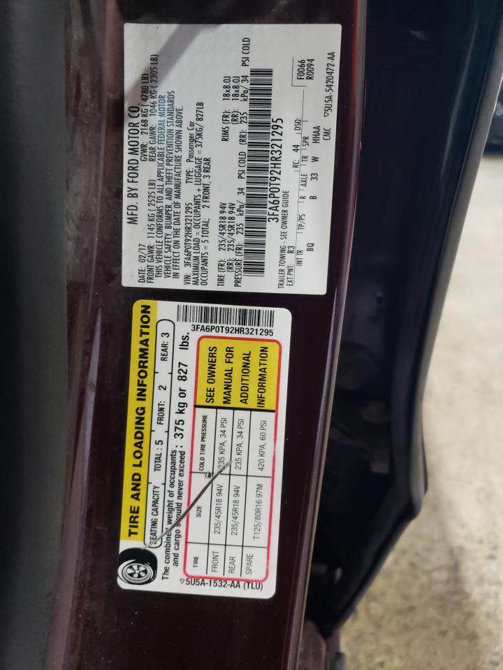 2017 Ford Fusion Se VIN: 3FA6P0T92HR321295 Lot: 92846805