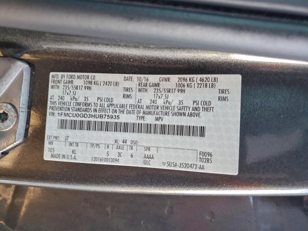 2017 Ford Escape Se VIN: 1FMCU0GD3HUB75935 Lot: 94578355