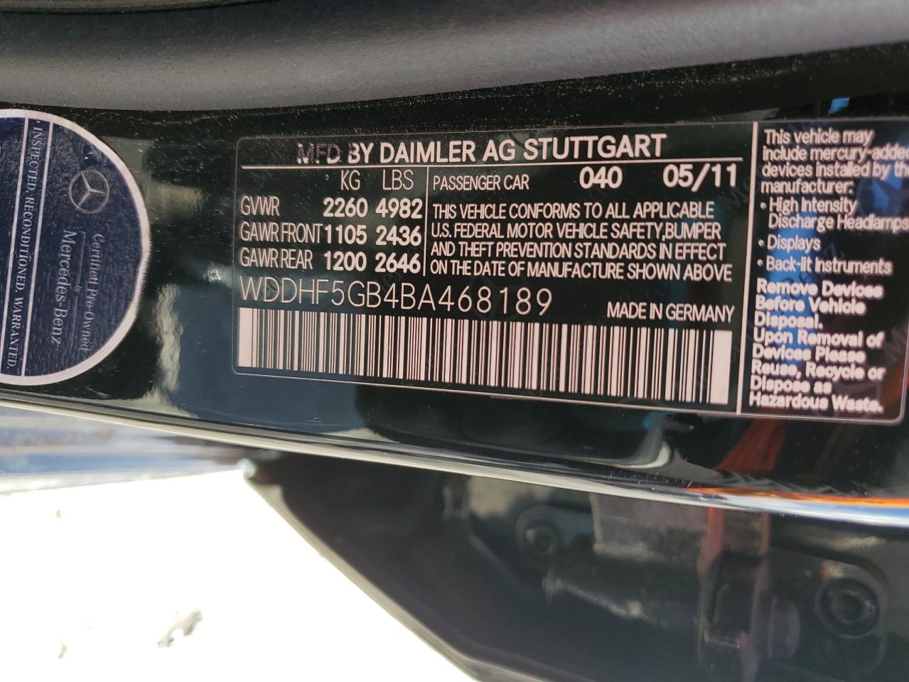 2011 Mercedes-Benz E 350 VIN: WDDHF5GB4BA468189 Lot: 93534365