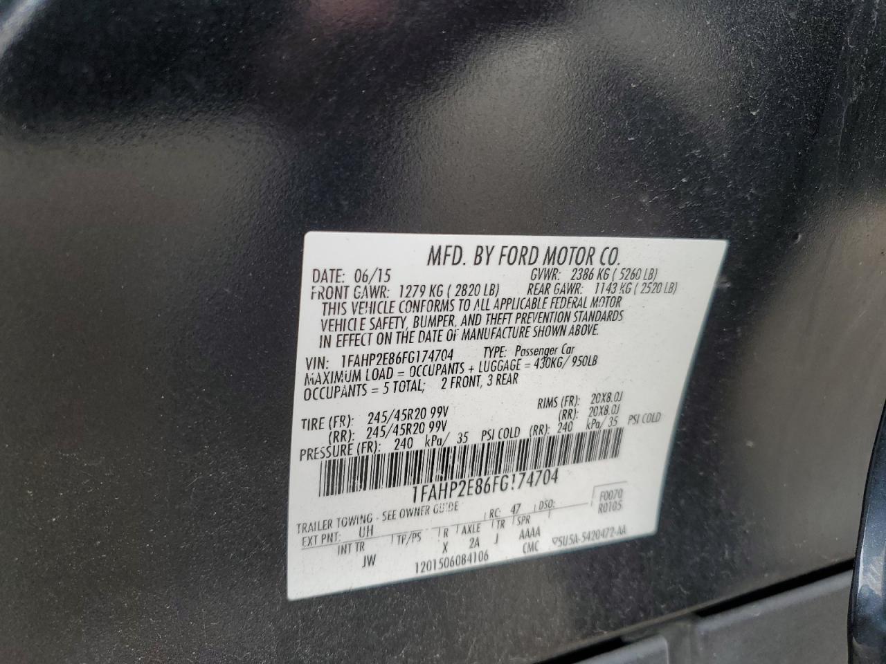 2015 Ford Taurus Sel VIN: 1FAHP2E86FG174704 Lot: 91876165