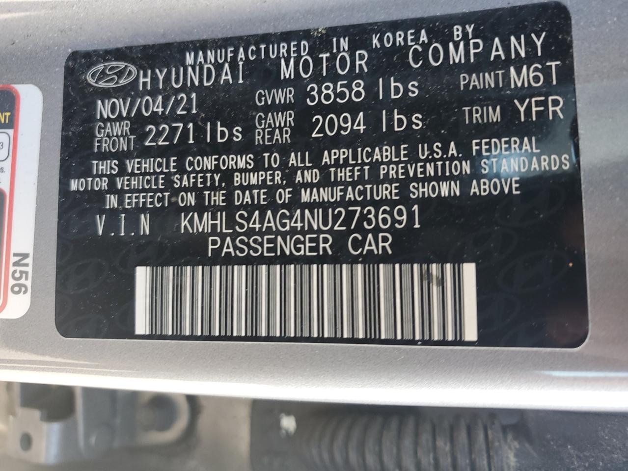 2022 Hyundai Elantra Sel VIN: KMHLS4AG4NU273691 Lot: 92605345