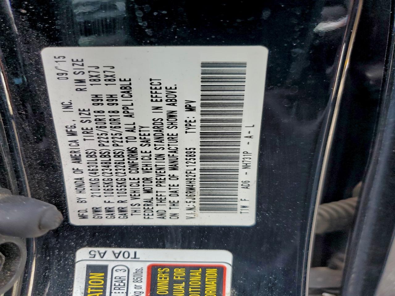 2015 Honda Cr-V Touring VIN: 5J6RM4H92FL125895 Lot: 93292365