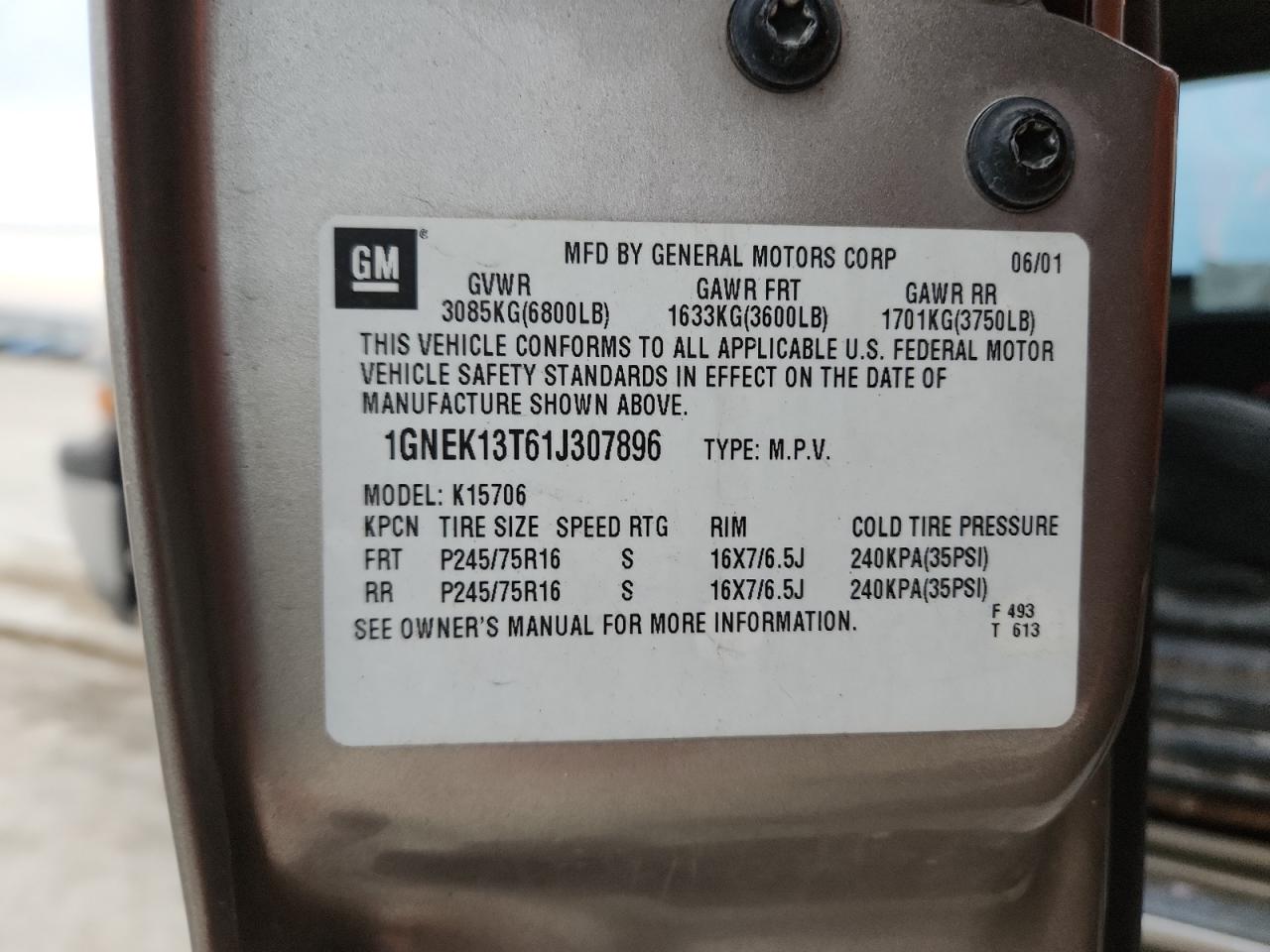 2001 Chevrolet Tahoe K1500 VIN: 1GNEK13T61J307896 Lot: 92360695