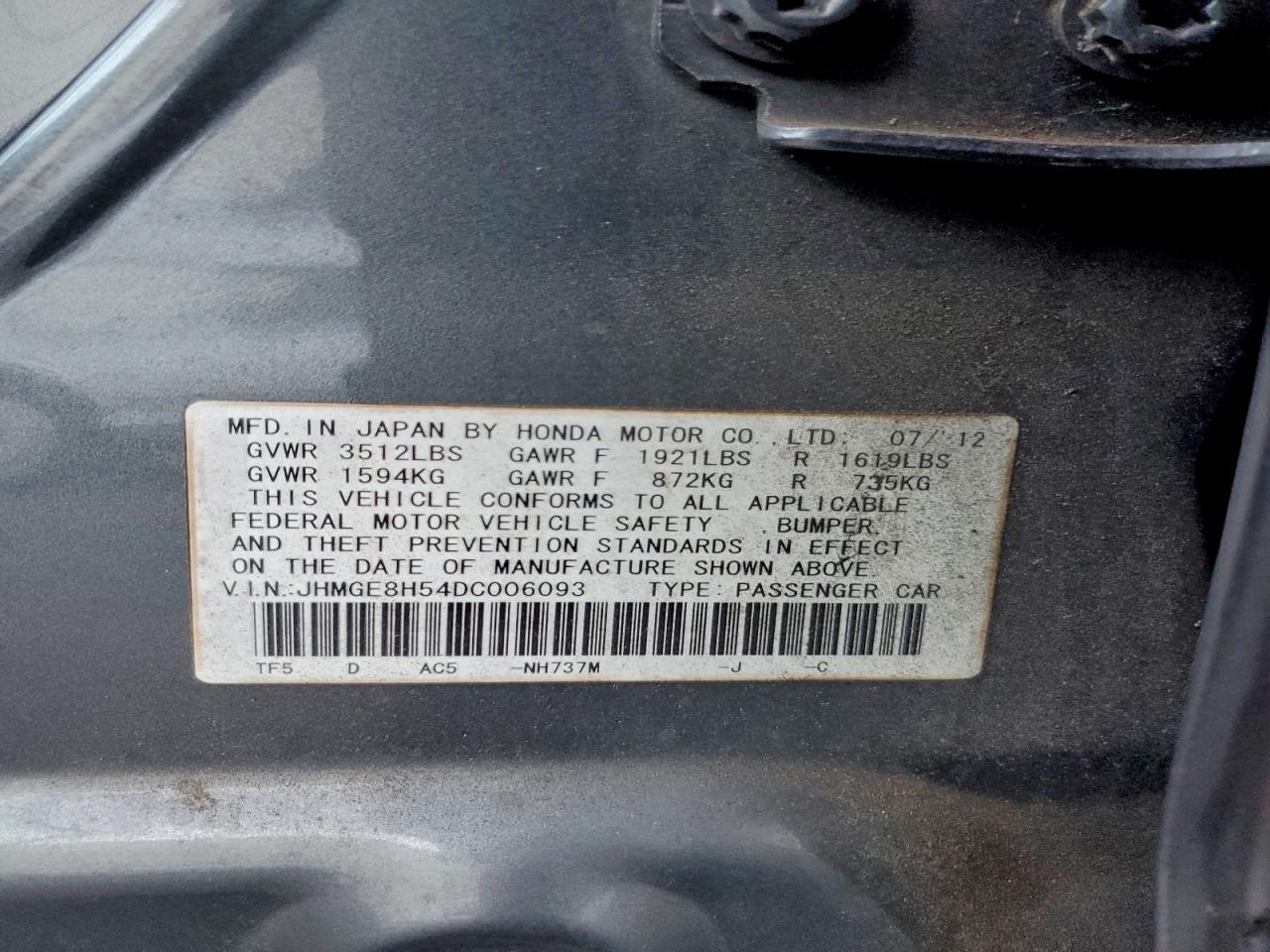 2013 Honda Fit Sport VIN: JHMGE8H54DC006093 Lot: 93458655