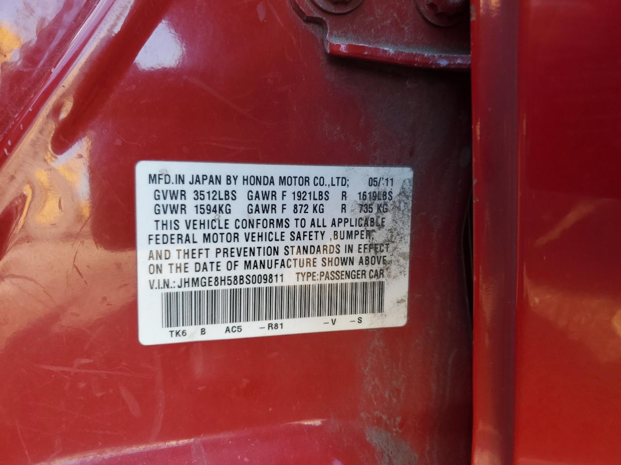 2011 Honda Fit Sport VIN: JHMGE8H58BS009811 Lot: 92101335