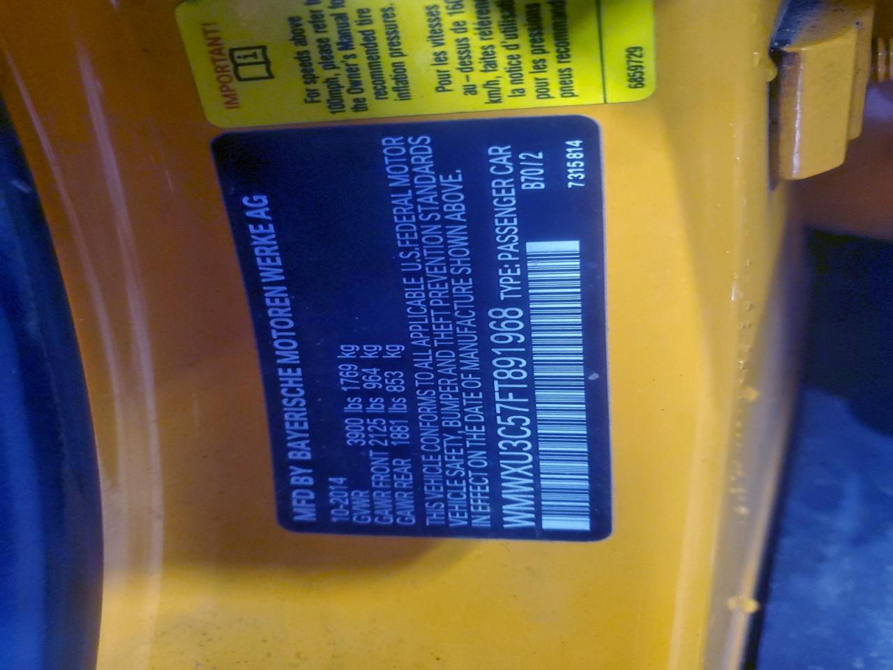 2015 Mini Cooper S VIN: WMWXU3C57FT891968 Lot: 94167865