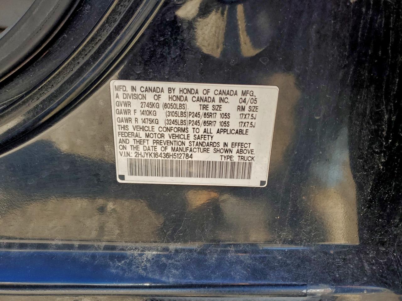 2006 Honda Ridgeline Rts VIN: 2HJYK16436H512784 Lot: 93770545