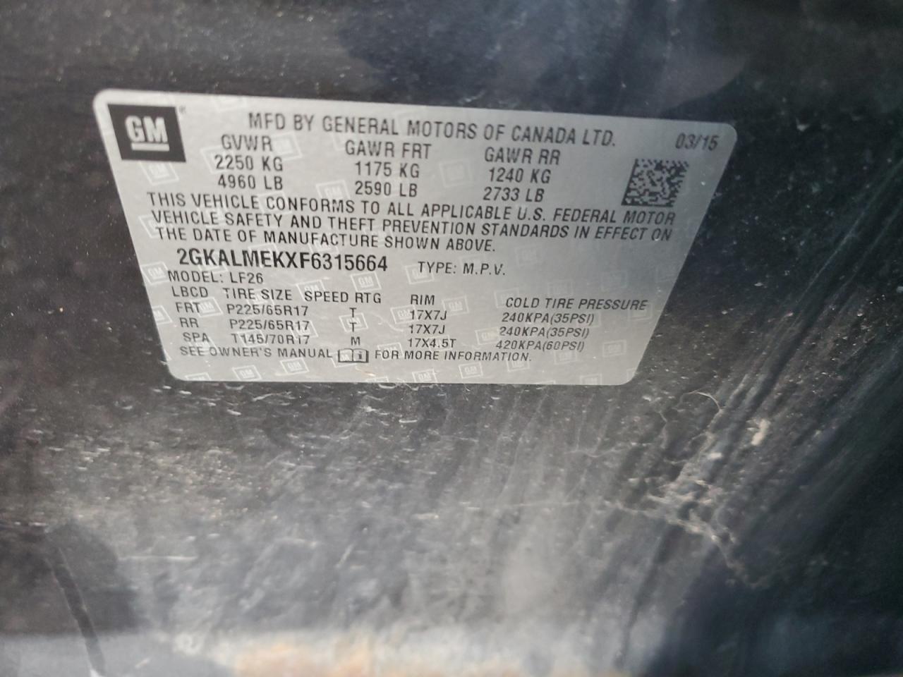 2015 GMC Terrain Sle VIN: 2GKALMEKXF6315664 Lot: 92052865