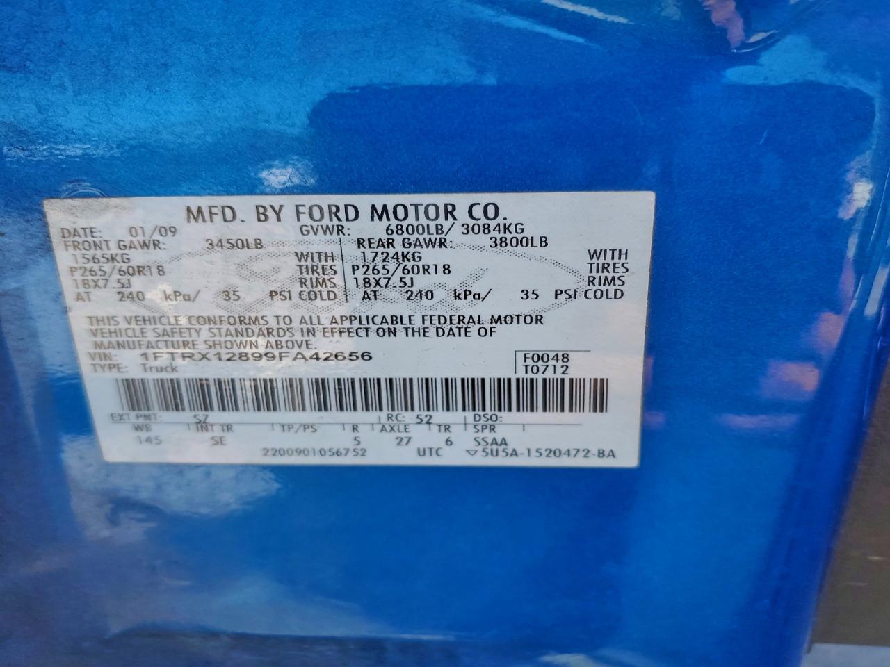 2009 Ford F150 Super Cab VIN: 1FTRX12899FA42656 Lot: 91221735