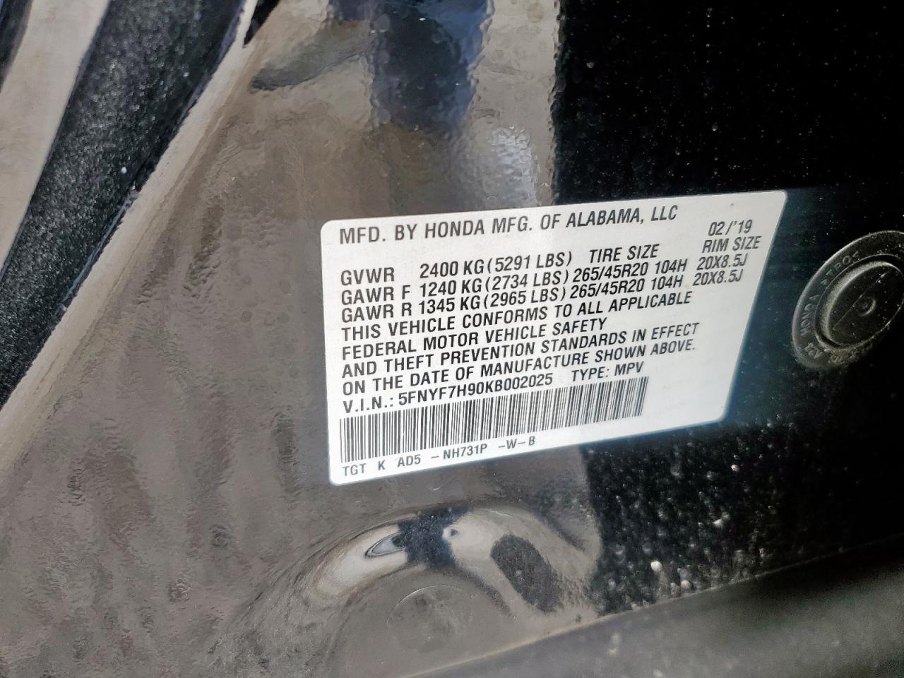 2019 Honda Passport Touring VIN: 5FNYF7H90KB002025 Lot: 93520195