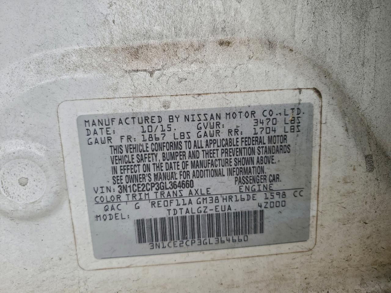 2016 Nissan Versa Note S VIN: 3N1CE2CP3GL364660 Lot: 94317025