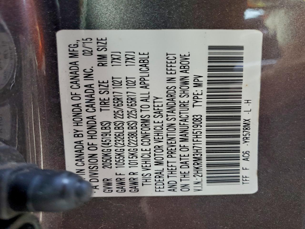 2015 Honda Cr-V Exl VIN: 2HKRM3H71FH519083 Lot: 94263875