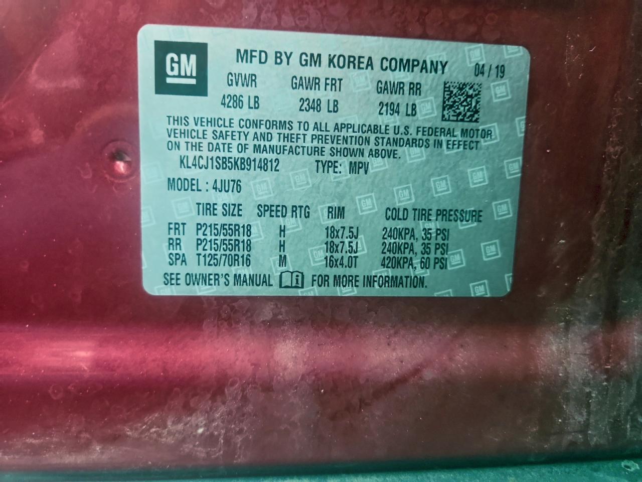 2019 Buick Encore Sport Touring VIN: KL4CJ1SB5KB914812 Lot: 94290405