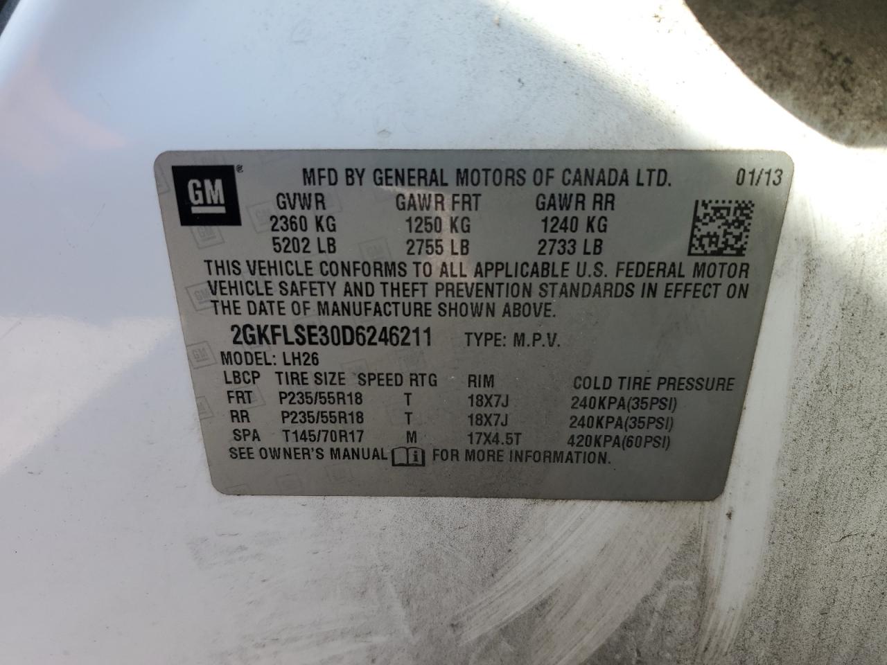 2013 GMC Terrain Sle VIN: 2GKFLSE30D6246211 Lot: 91696025