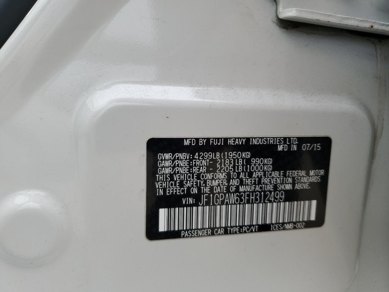 2015 Subaru Impreza Sport Limited VIN: JF1GPAW63FH312499 Lot: 93440975