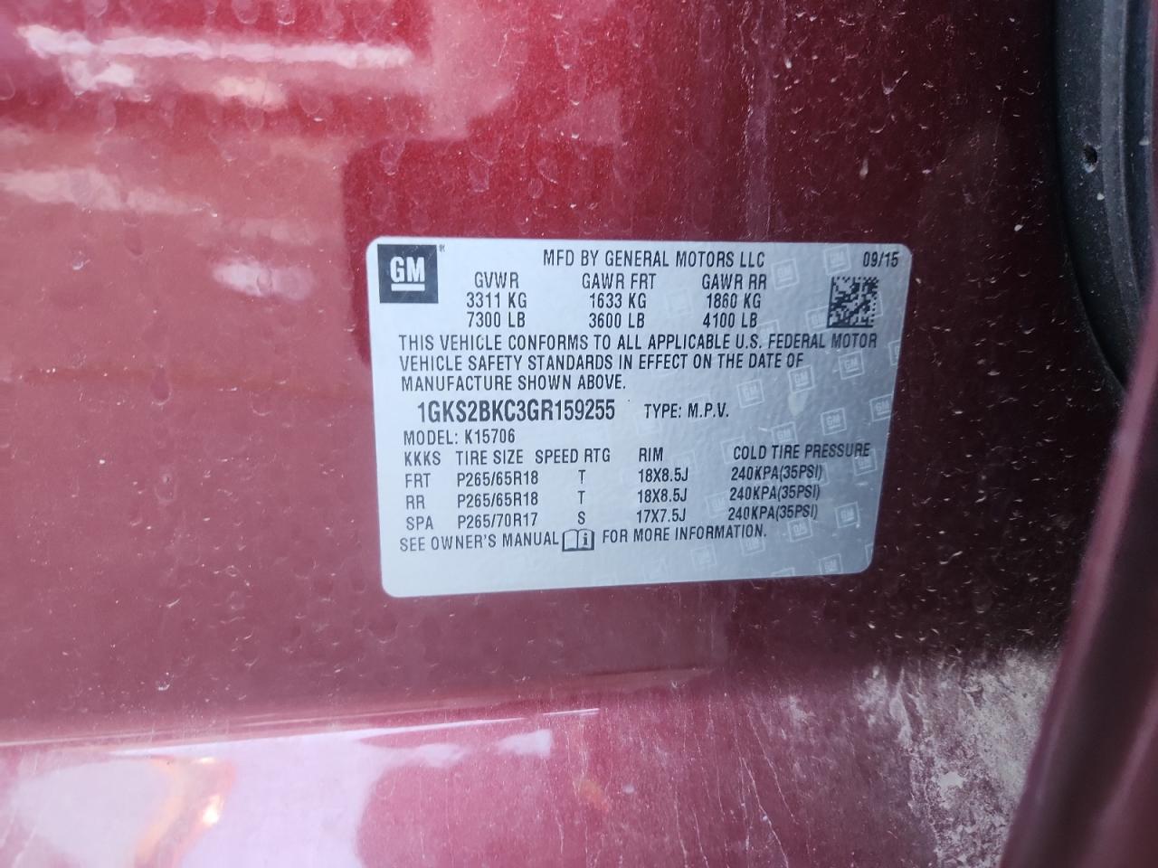 2016 GMC Yukon Slt VIN: 1GKS2BKC3GR159255 Lot: 92826475