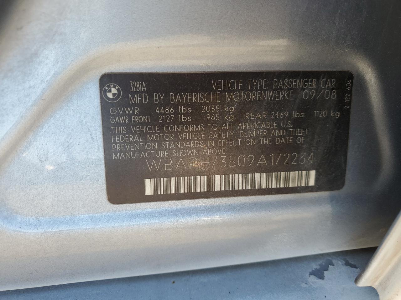 2009 BMW 328 I VIN: WBAPH73509A172234 Lot: 91725825