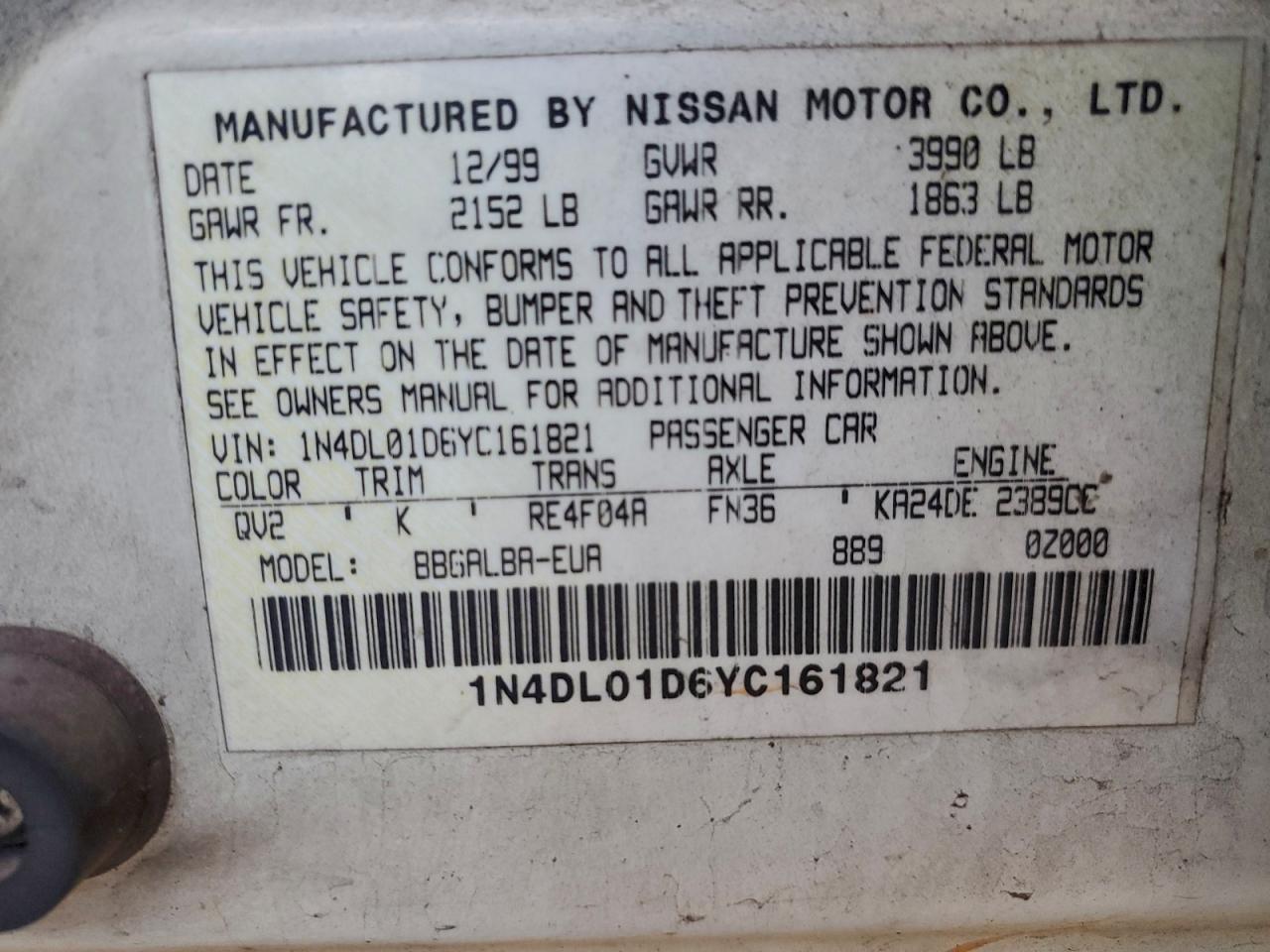 2000 Nissan Altima Xe VIN: 1N4DL01D6YC161821 Lot: 94495755