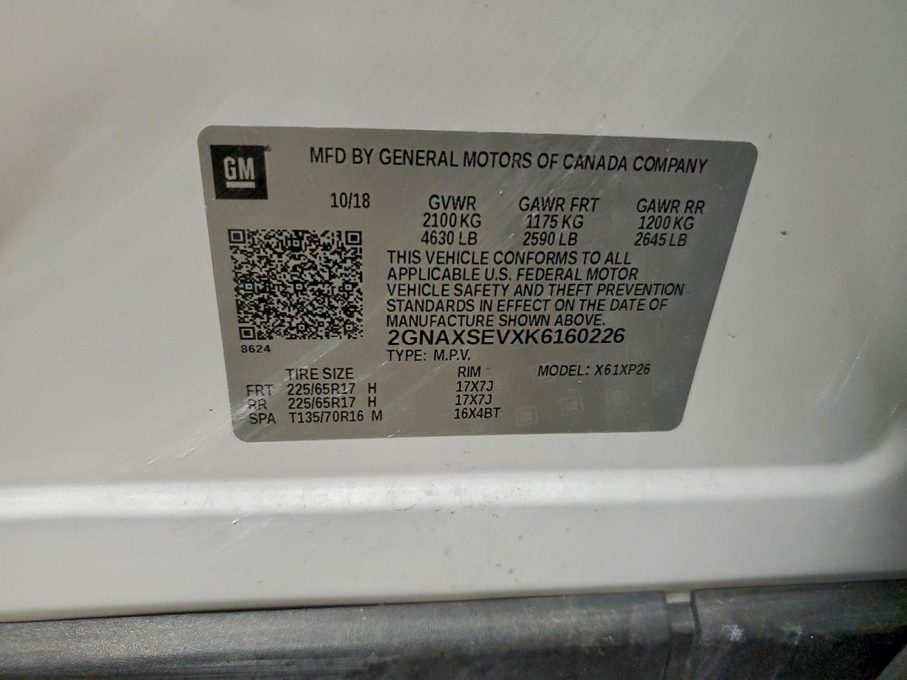 2019 Chevrolet Equinox Ls VIN: 2GNAXSEVXK6160226 Lot: 94103615