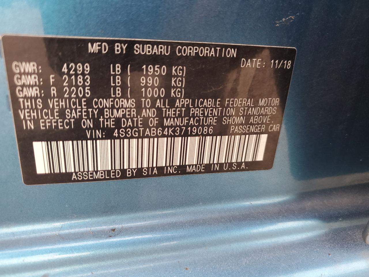 2019 Subaru Impreza VIN: 4S3GTAB64K3719086 Lot: 93177365