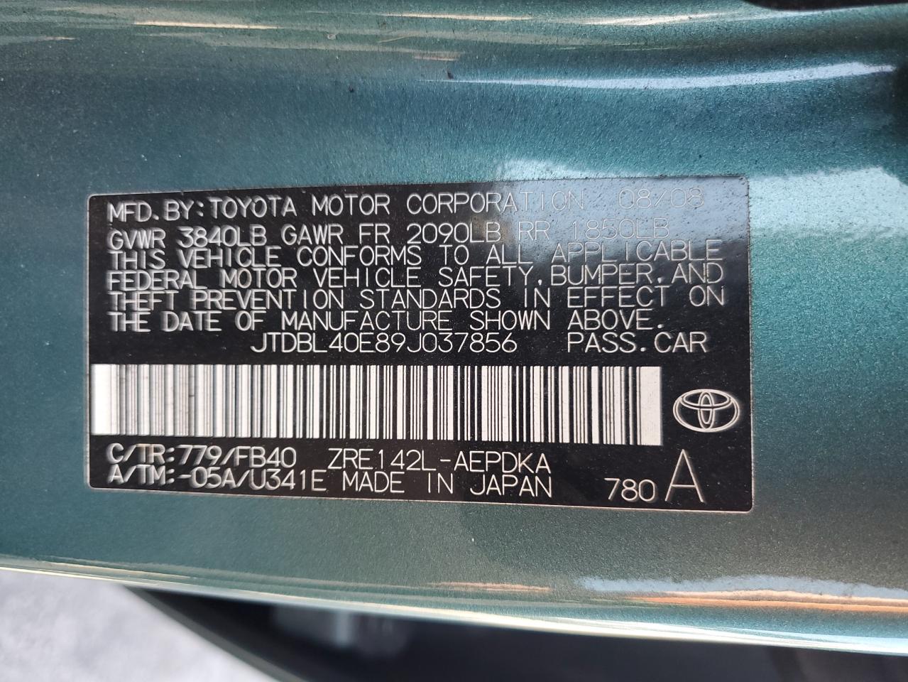 2009 Toyota Corolla Base VIN: JTDBL40E89J037856 Lot: 91022105