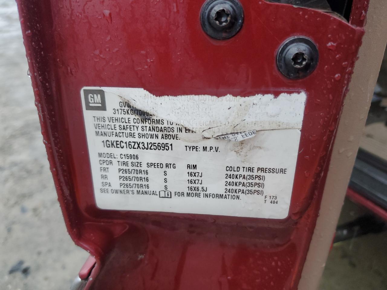 2003 GMC Yukon Xl C1500 VIN: 1GKEC16ZX3J256951 Lot: 91655575